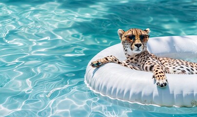 Cheetah in sunglasses relaxing on a white swimming ring on pool background. Summer vacation and sea holiday concept. Wild animal for wallpaper, poster, card