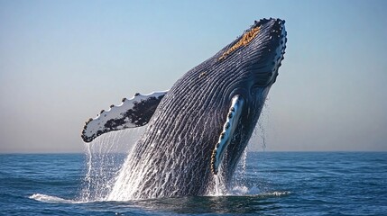 Wall Mural - A humpback whale leaps out of the water, creating a spray of water as it breaches.