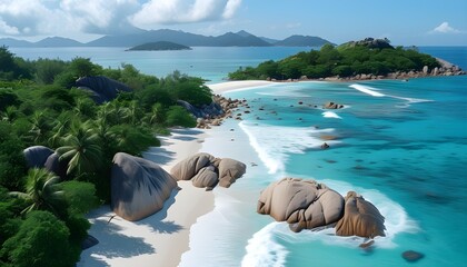 Aerial perspective of beach walking in Seychelles Inner Islands at Grand Anse with a person strolling along the shore