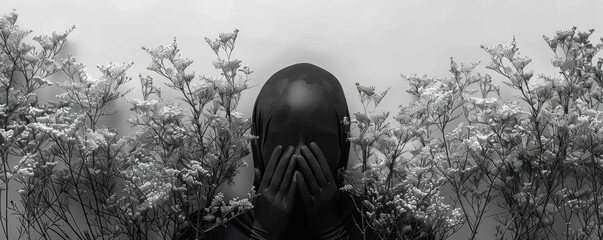 person with covered face is surrounded by delicate white flowers, evoking sense of mystery and introspection. contrast between figure and floral elements creates haunting yet beautiful atmosphere