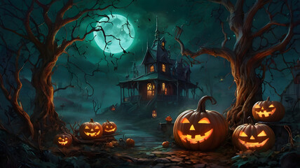 Wall Mural - halloween pumpkin in the dark, halloween witch flying in the night