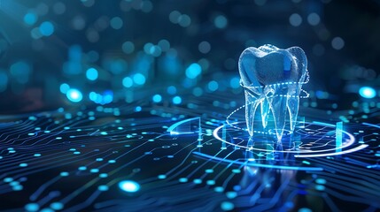 Wall Mural - 3d rendering of a tooth on a circuit board symbolizing the intersection of dentistry and technology.