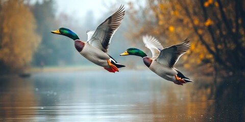 Two mallard ducks gracefully take flight over a serene lake. The scene captures the beauty of nature in a tranquil setting. Perfect for wildlife enthusiasts and nature lovers. AI