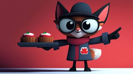 Canvas Print - Cute Fox Character Serving Cakes with a Smile