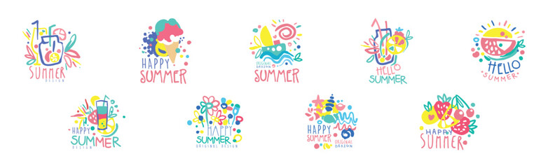 Sticker - Happy Summer Logo Original Design with Bright Element Vector Set