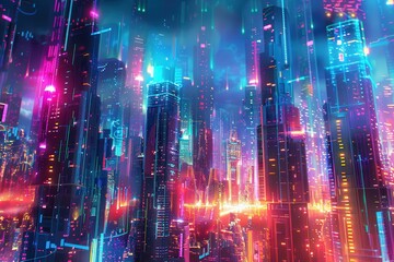 Fototapete - A vibrant futuristic cityscape illuminated by neon lights during nighttime showcases towering skyscrapers and a captivating atmosphere, creating a mesmerizing urban environment