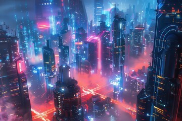 Fototapete - A vibrant futuristic cityscape illuminated by neon lights during nighttime showcases towering skyscrapers and a captivating atmosphere, creating a mesmerizing urban environment