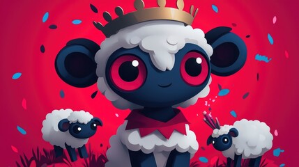 Poster - Cute Cartoon Sheep with Crown and Confetti