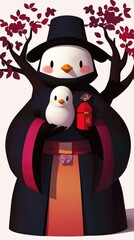 Canvas Print - Cute Cartoon Penguin in Traditional Korean Hanbok with a Gift Box