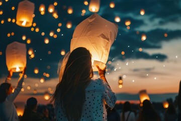 Wall Mural - a joyful celebration as people release glowing lanterns into the evening sky over a river during a v