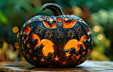 Unique bat-themed pumpkin with stars on wooden table in lush garden