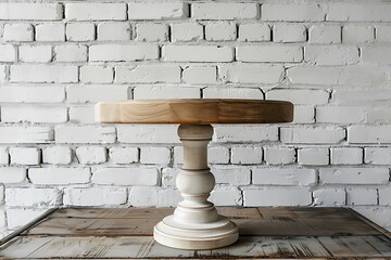 Wooden product stand on white brick wall background