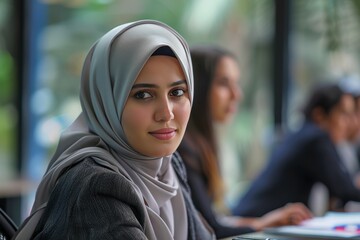 Poster - A group of professional women engaging in a business meeting in a modern office, focusing on collaboration and discussion during a productive session
