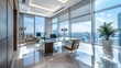 © improvee design - Modern office with a large desk, chairs, and a stunning city view through large windows.