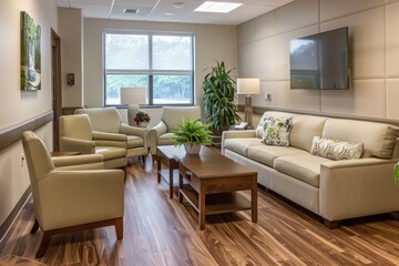 Poster - Comfortable waiting area with modern seating and large windows overlooking a serene outdoor view during daytime