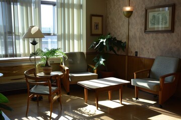 Poster - Comfortable waiting area with modern seating and large windows overlooking a serene outdoor view during daytime