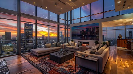 Wall Mural - Modern living room with floor-to-ceiling windows showcasing a breathtaking city skyline at sunset. The interior is stylish and contemporary with comfortable furniture, a cozy fireplace.