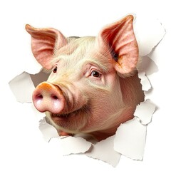 a curious pig peeks out from a torn wall. this playful image captures the essence of surprise and hu