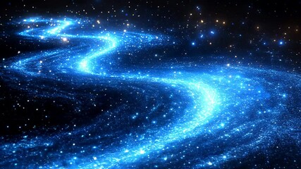 A blue galaxy with a blue line in the middle. The galaxy is filled with stars and the blue line is a spiral