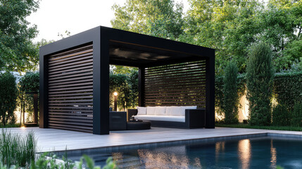 Wall Mural - A black, modern gazebo with a white sofa and chairs inside it stands on the wooden deck of an outdoor pool at sunset. 