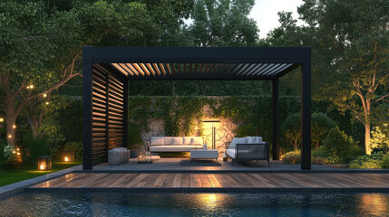 Wall Mural - A black, modern gazebo with a white sofa and chairs inside it stands on the wooden deck of an outdoor pool at sunset. 