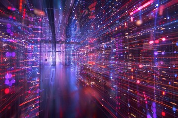 Poster - A vibrant digital corridor illuminated with colorful light trails creating a futuristic atmosphere in a modern urban setting during nighttime