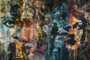 Poster - An intricate mural showcasing diverse human expressions in vibrant colors, located in an urban setting, depicting themes of identity and emotion through art