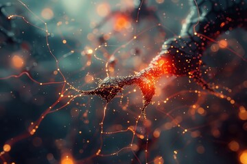 Fototapete - Abstract representation of neural connections illustrating synapse activity with glowing neurons in a dark environment