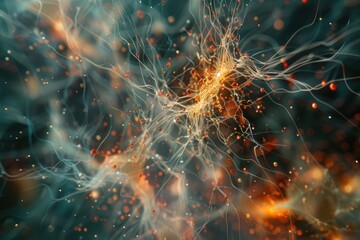 Fototapete - Abstract representation of neural connections illustrating synapse activity with glowing neurons in a dark environment