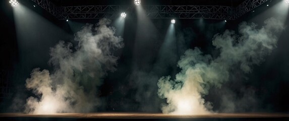 Wall Mural - Illuminated stage with scenic lights and smoke. Blue vector spotlight with smoke volume light effect on black background. Stadium cloudiness projector