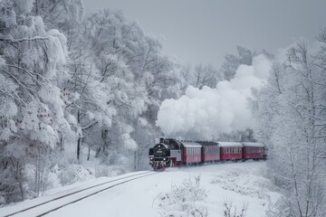 Wall Mural - A vintage steam locomotive travels through a snowy landscape, surrounded by trees at dusk, emitting wisps of smoke as it moves along the tracks, conveying a sense of nostalgia and adventure