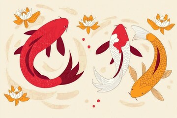 Poster - Three Koi Fish Swimming in a Pond with Water Lily Flowers