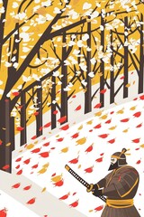 Canvas Print - Samurai in Autumn Forest with Falling Leaves