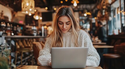 Sticker - Woman Working on Laptop in Cozy Cafe Setting