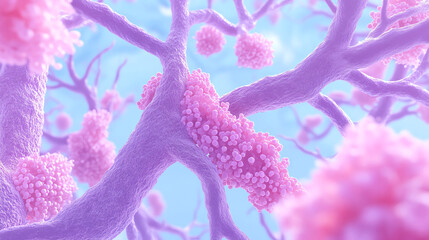 Wall Mural - Abstract depiction of branching structures adorned with fluffy, pink textures against a soft blue background.