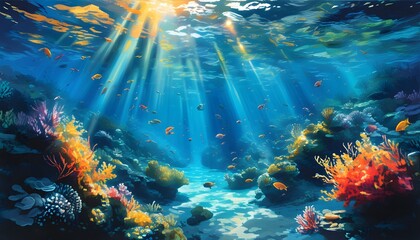 Vibrant underwater paradise with crystal clear water, sunlit rays highlighting colorful fish and coral reefs