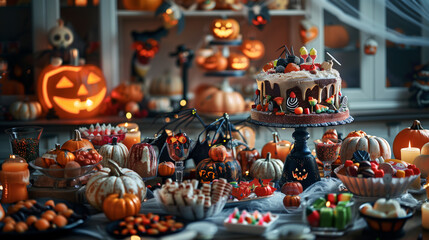 Wall Mural - A spooky Halloween table filled with detailed treats, magical Halloween setting
