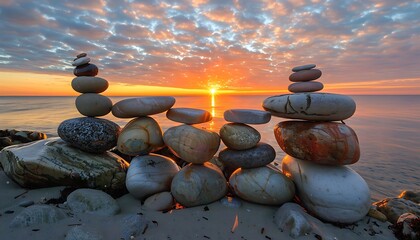 Stack of zen stones on the beach at beautiful sunset.