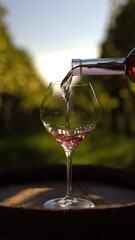 Wall Mural - Pouring rose wine into a glass standing in an old wooden barrel in the vineyard