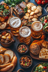 Wall Mural - beer mugs surrounded by appetizing food