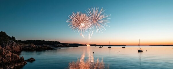 Fourth of July fireworks spectacular over the ocean, featuring colorful explosions lighting up the night sky in a 2019 stock photo