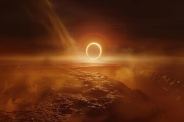 Poster - A stunning celestial event occurs as a total solar eclipse casts a dramatic shadow over the rugged surface of an alien landscape at twilight