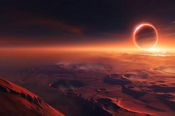 Poster - A stunning celestial event occurs as a total solar eclipse casts a dramatic shadow over the rugged surface of an alien landscape at twilight