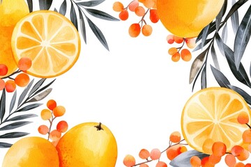 Wall Mural - Watercolor Oranges and Leaves Border Frame