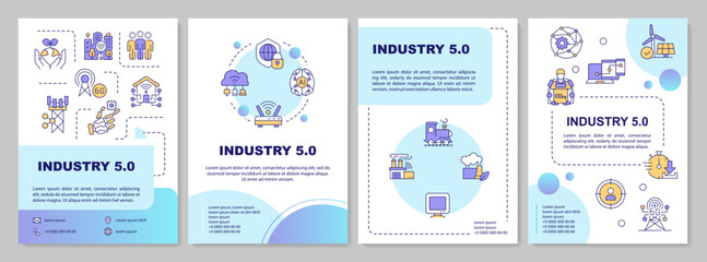 Industry 5.0 blue circle brochure template. Leaflet design with linear icons. Editable 4 vector layouts for presentation, annual reports. Arial-Black, Myriad Pro-Regular fonts used