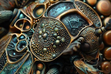 Poster - Detailed close-up of a sculpted insect design showcasing intricate textures and patterns on its surface, illuminated in soft lighting for enhanced visual impact