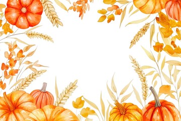 Wall Mural - Watercolor Autumn Frame with Pumpkins, Wheat and Leaves