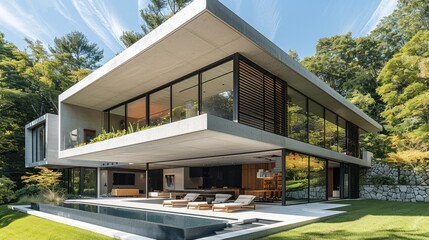 Poster - Modern concrete house with a flat roof and large windows, a mezzanine with wood louvers, a stone lower podium and in front of it a small pool, all surrounded by trees on a hillside in the summer.