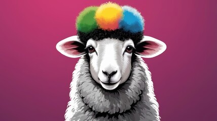 A sheep wearing a rainbow hat against a pink background in a vibrant pop art style.