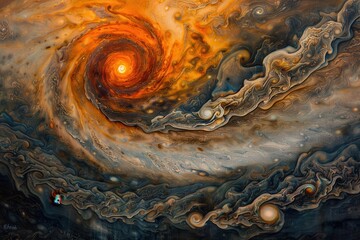 Leinwandbilder - A vibrant, swirling cosmic nebula with rich orange and gold hues, showcasing the vast beauty of space and celestial formations at twilight